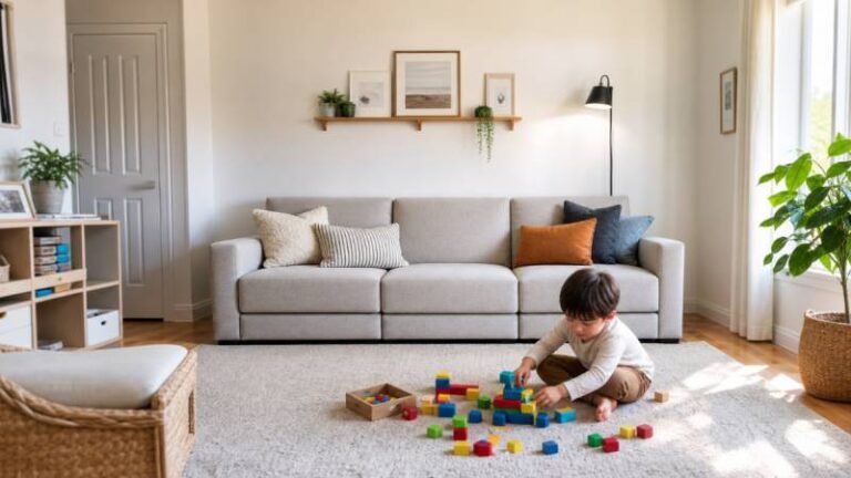 Child playing with colorful blocks in a cozy living room