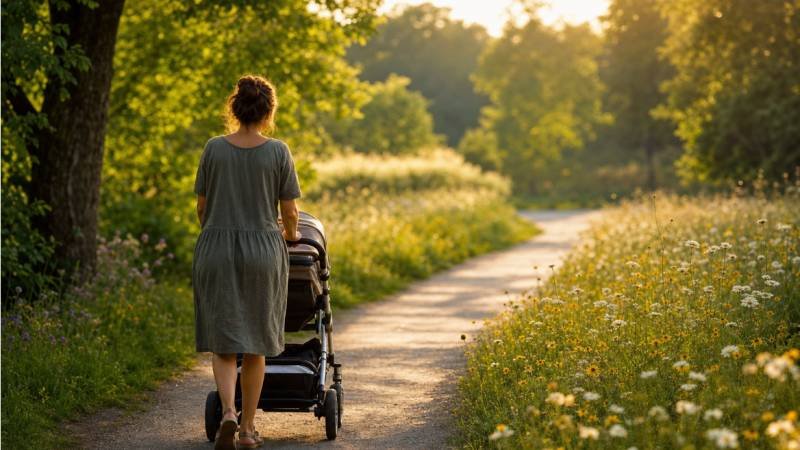Woman pushing stroller along sunlit path through park
