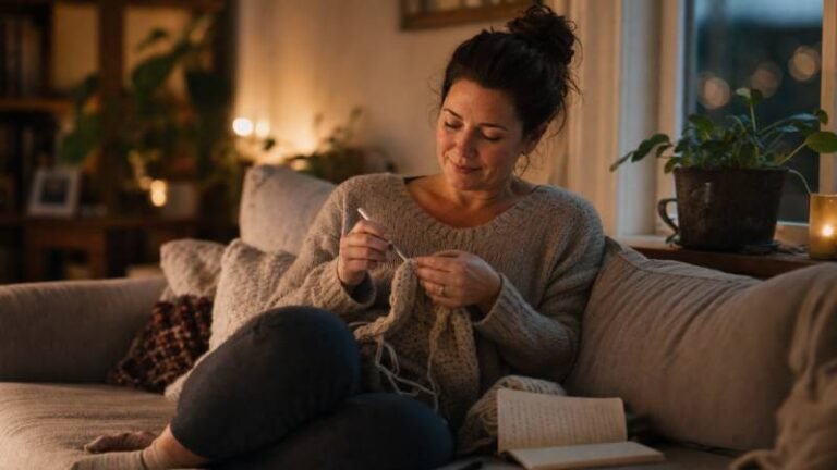 Woman crocheting on cozy sofa beside notebook